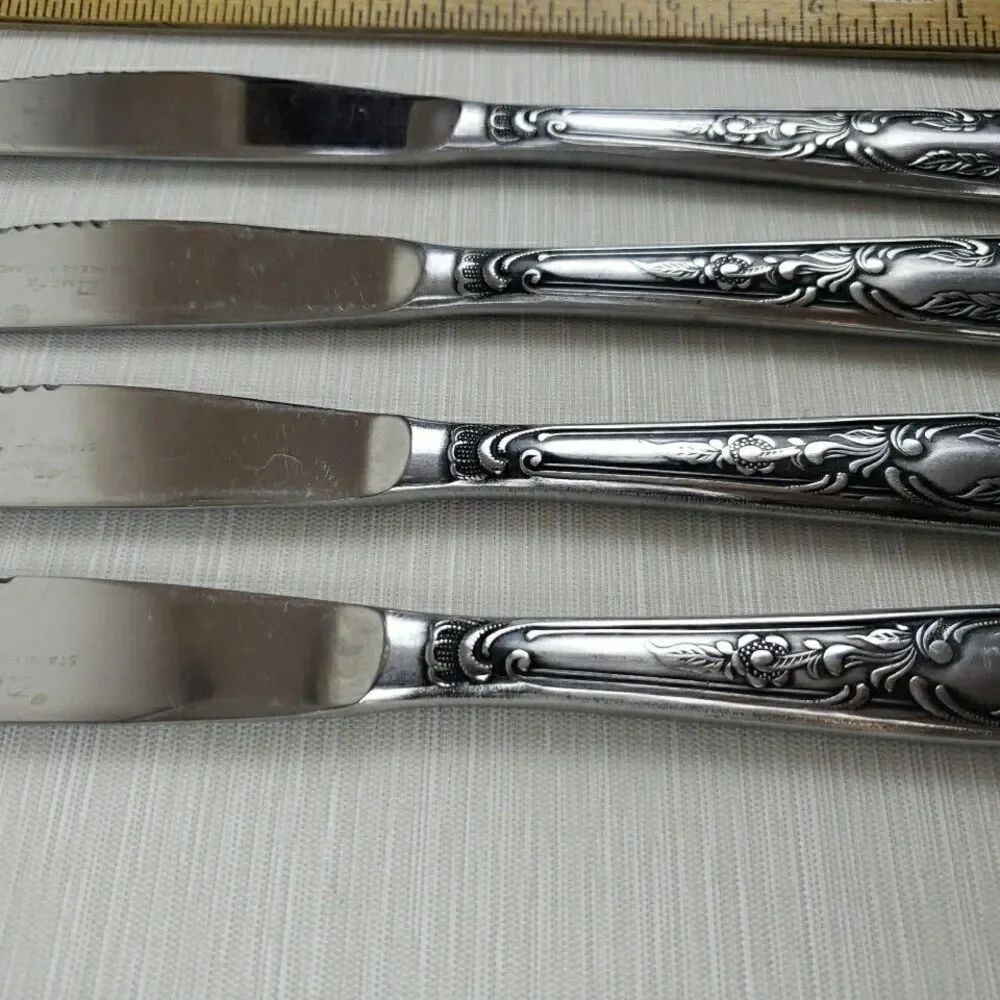 Amefa Dinner Knives Stainless Holland AFS1 4 Pcs Scroll Leaf Flatware Silverware